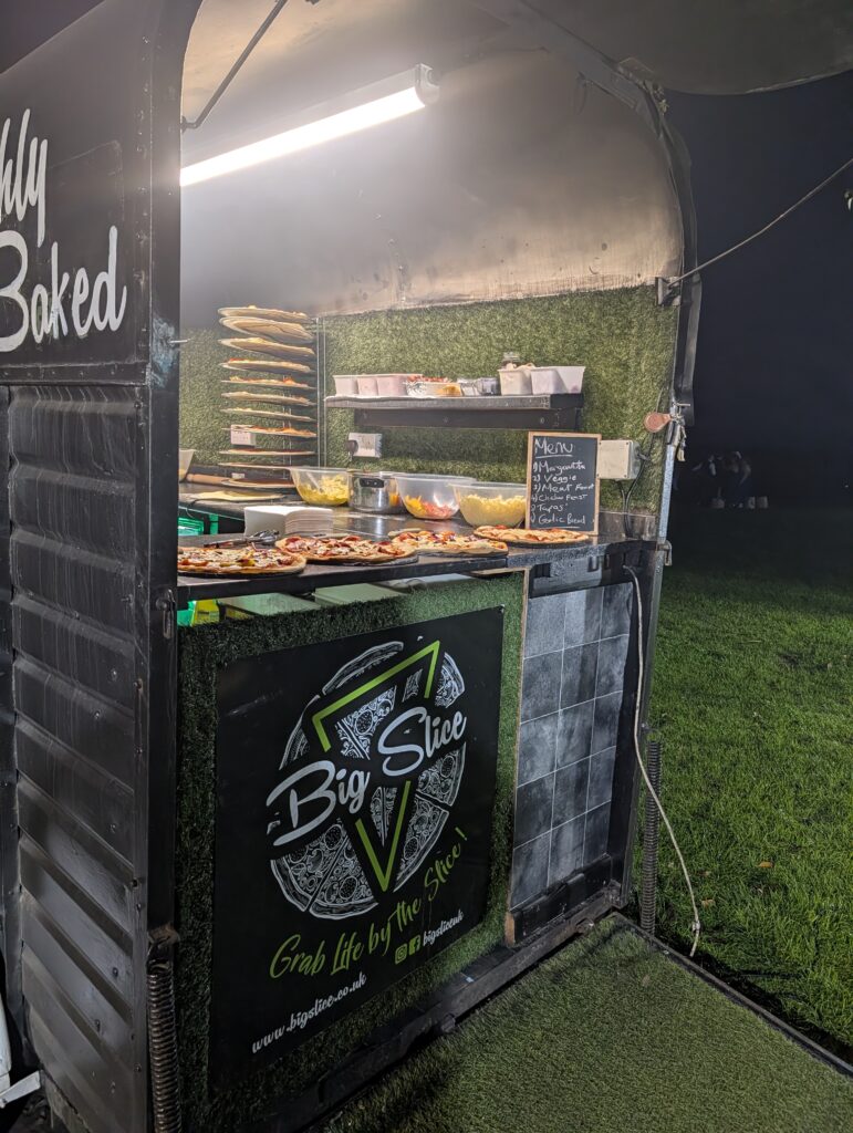 Big Slice doing stone baked pizza at Bordesley Park for an evening wedding